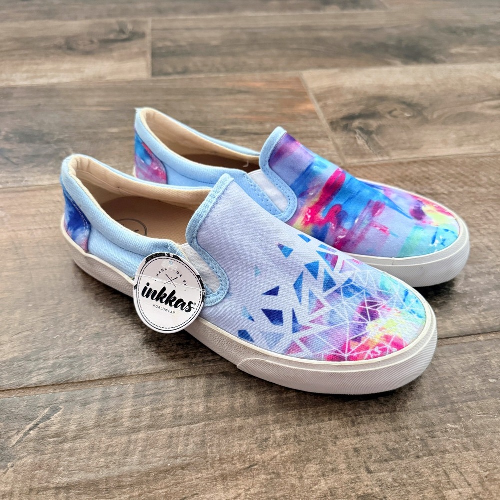 Inkkas Women's Salty Boho Geo Watercolor Canvas Slip On Sneakers,Blue Multi,8.5